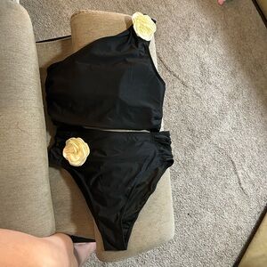 Black One-Shoulder Top with Cream Floral Bikini Bottom matching set